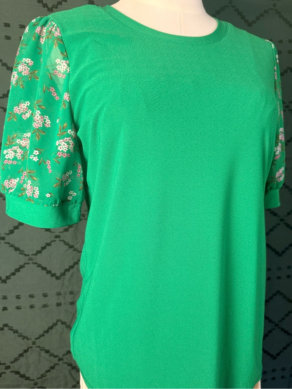 CeCe Bright Green Scoop Neck Top with Floral Puff Sleeves